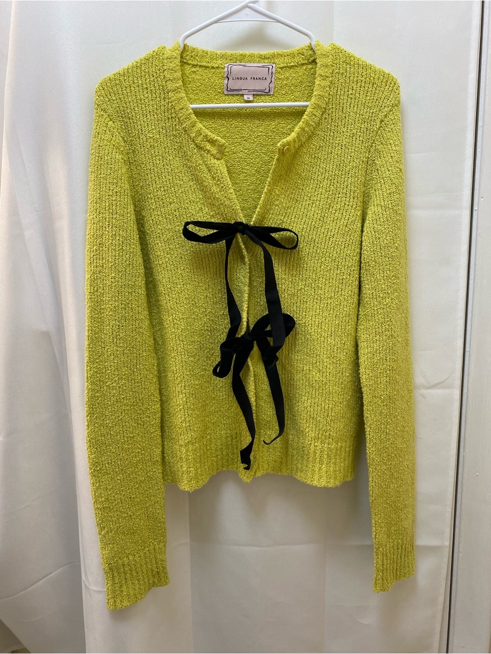 Lingua Franca Lime Green Knit Cardigan with Black Ribbon Ties